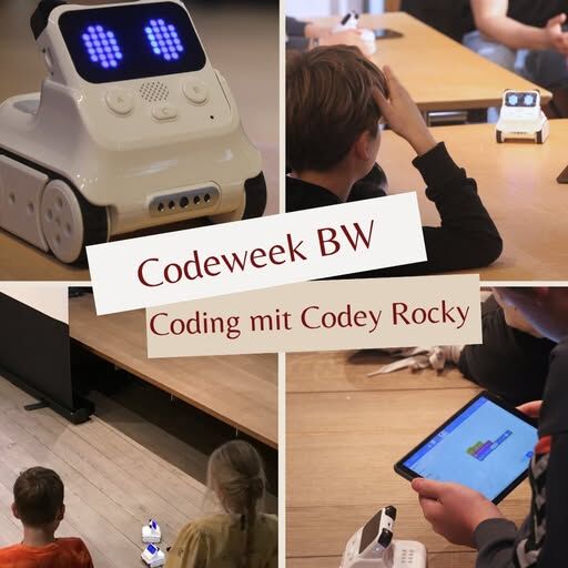 Collage zu den Robotern "Codey Rocky" bei der Veranstaltung "Code Week 2025" in der Bücherei