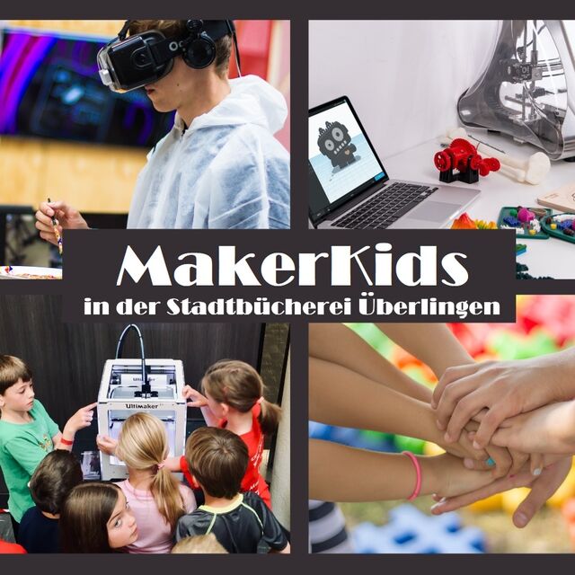 Bild vom Plakat "MakerKids" mit Kindern und Jugendlichen, die MINT-Angebote testen